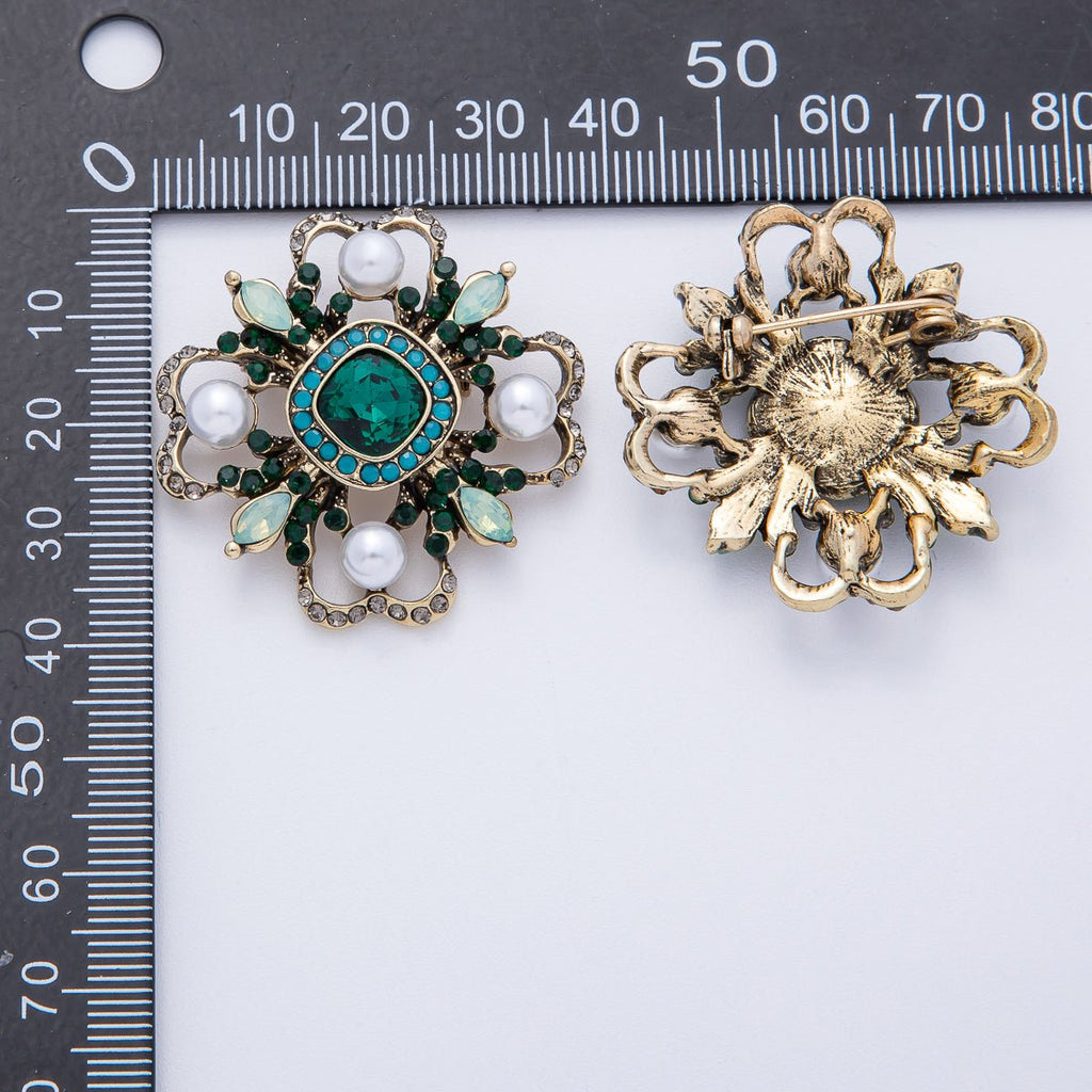 Vintage Antique Gold Black, Green Rhinestone Flower Blue Black Gray Crystal Brooch Pin | BH-00006 BH-00007