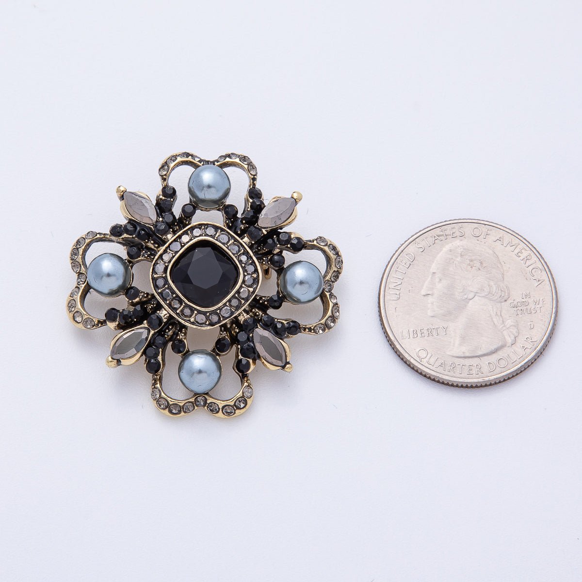 Vintage Antique Gold Black, Green Rhinestone Flower Blue Black Gray Crystal Brooch Pin | BH-00006 BH-00007
