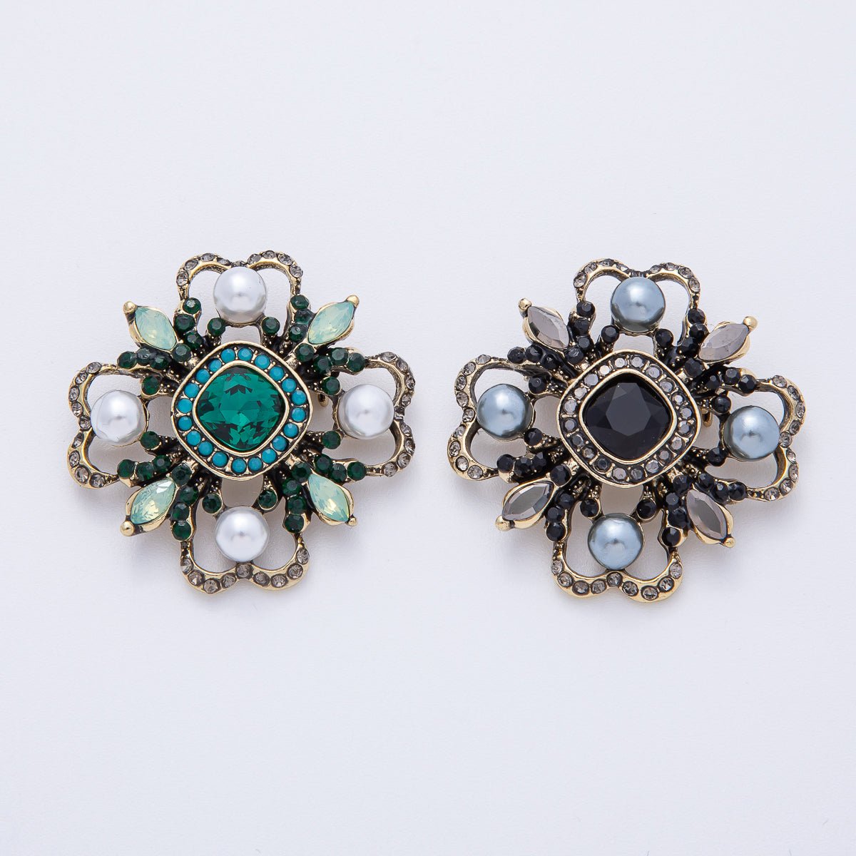 Vintage Antique Gold Black, Green Rhinestone Flower Blue Black Gray Crystal Brooch Pin | BH-00006 BH-00007