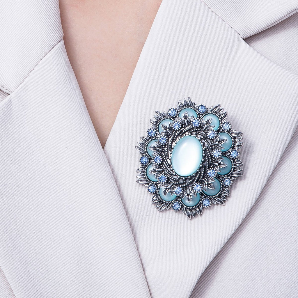 Vintage Antique Silver Flower Brooch Aqua Blue Turquoise Crystal Pin | BH-002