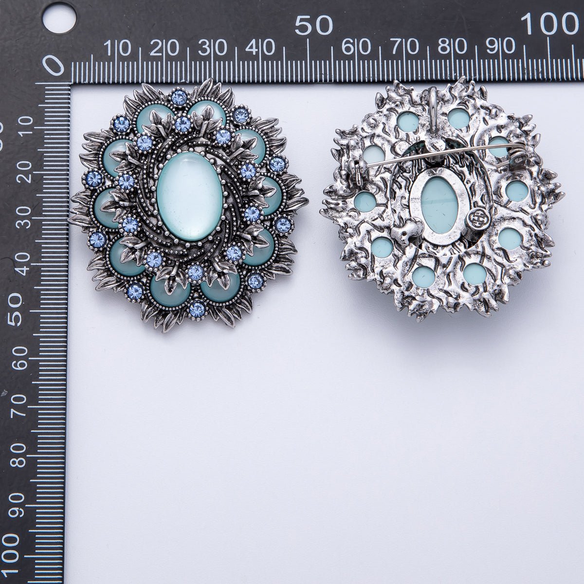 Vintage Antique Silver Flower Brooch Aqua Blue Turquoise Crystal Pin | BH-002