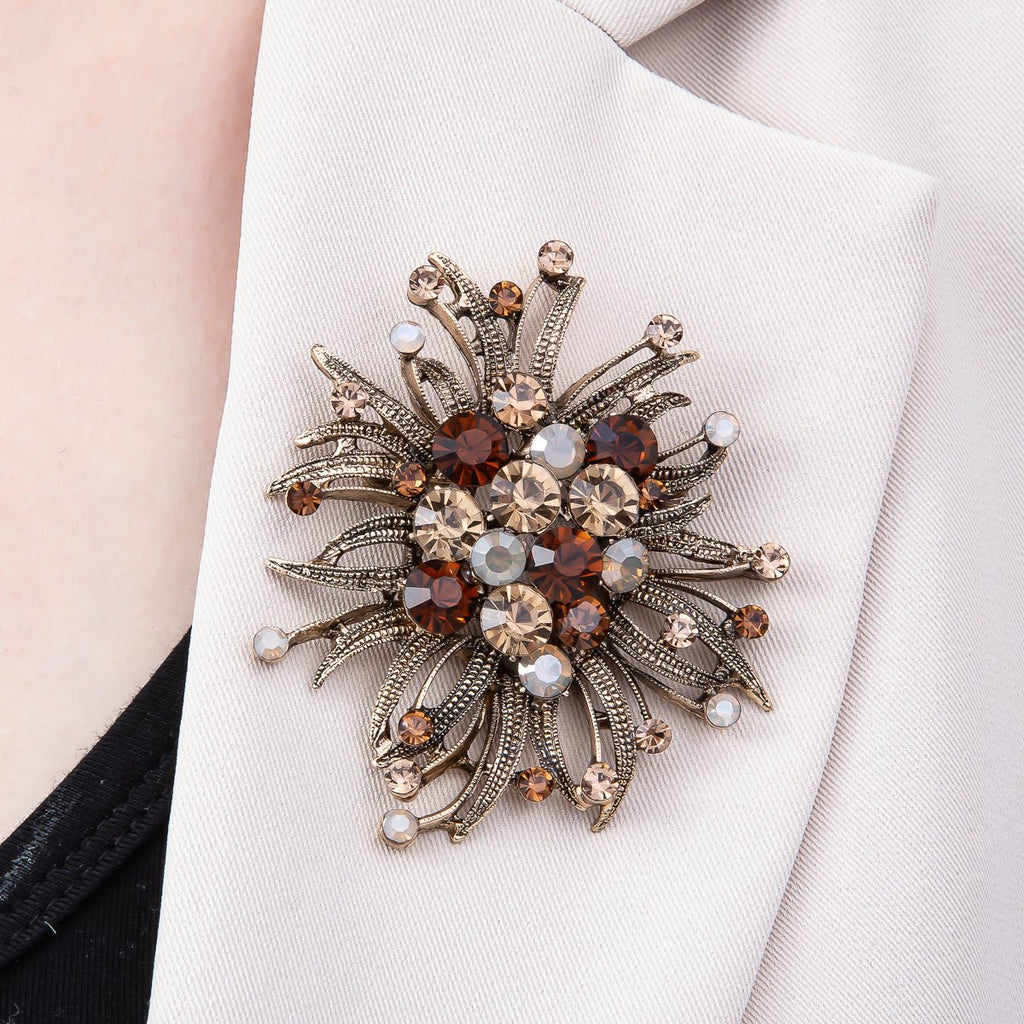 Vintage Gold 66mm Green, Red, Silver Rhinestone Textured Leaf Nature Pin Brooch | BH-133 ~ BH-135