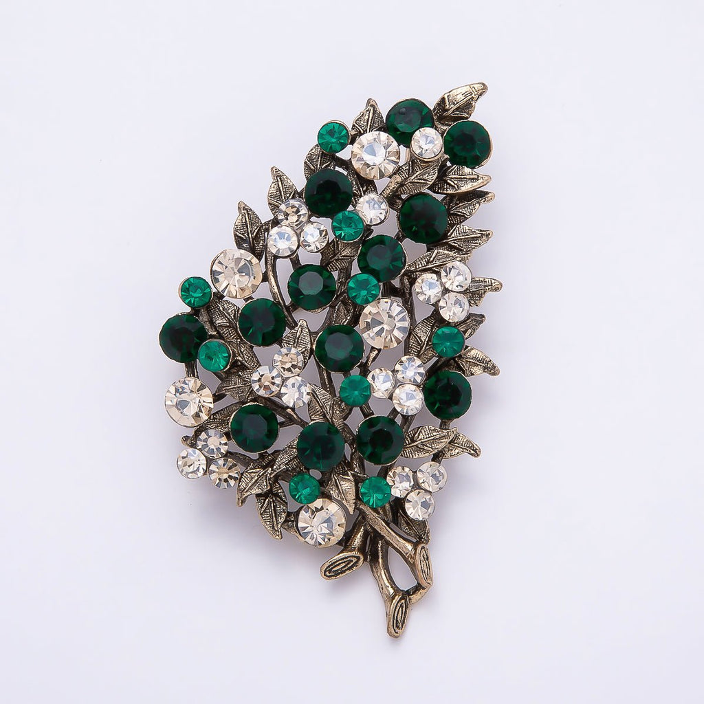 Vintage Gold 72mm x 43mm Green, Pink Rhinestone Flower Leaf Nature Pin Brooch | BH-125 BH-126