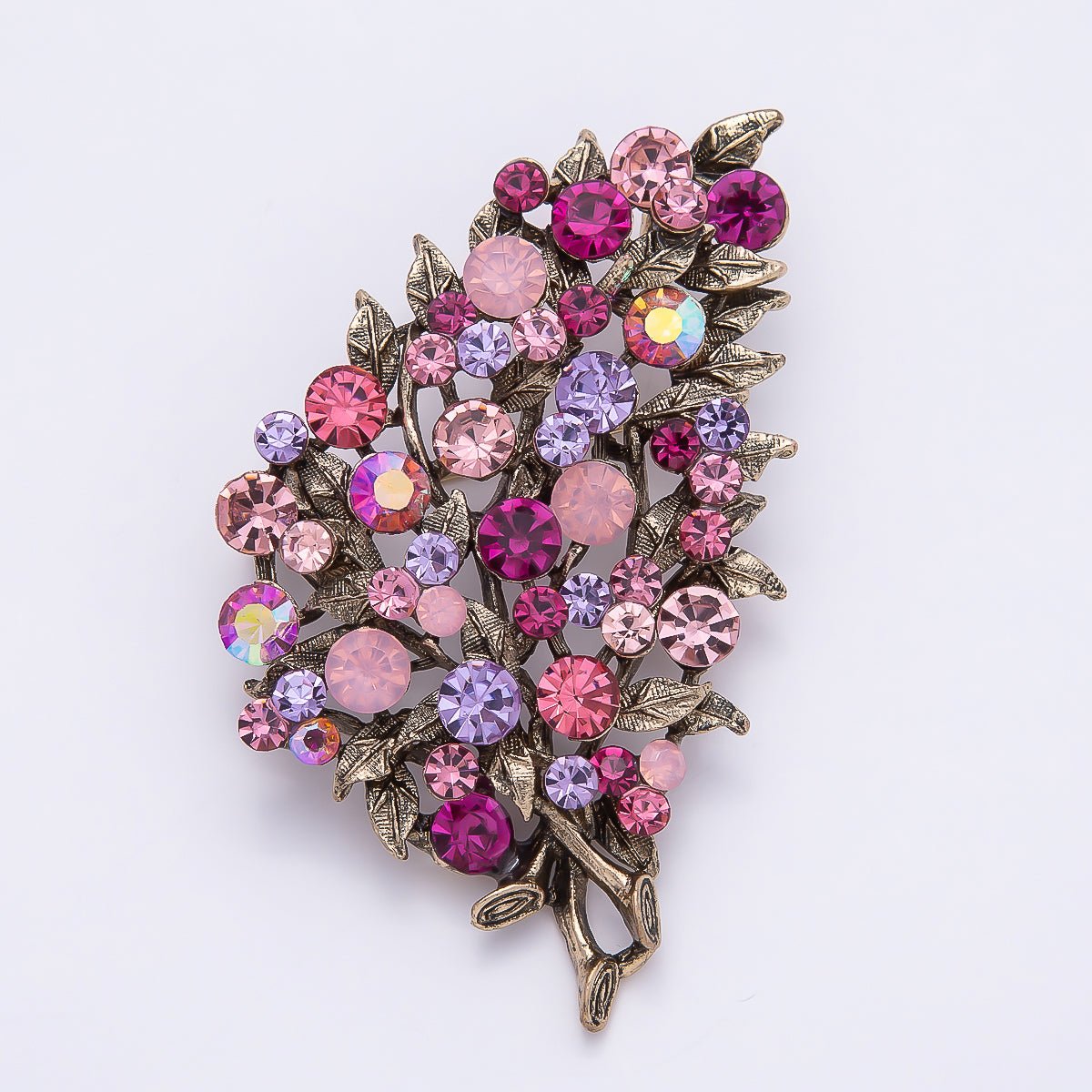 Vintage Gold 72mm x 43mm Green, Pink Rhinestone Flower Leaf Nature Pin Brooch | BH-125 BH-126