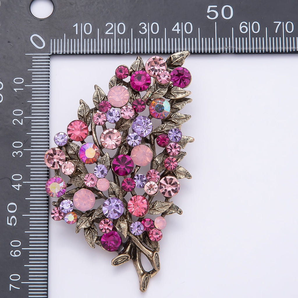 Vintage Gold 72mm x 43mm Green, Pink Rhinestone Flower Leaf Nature Pin Brooch | BH-125 BH-126