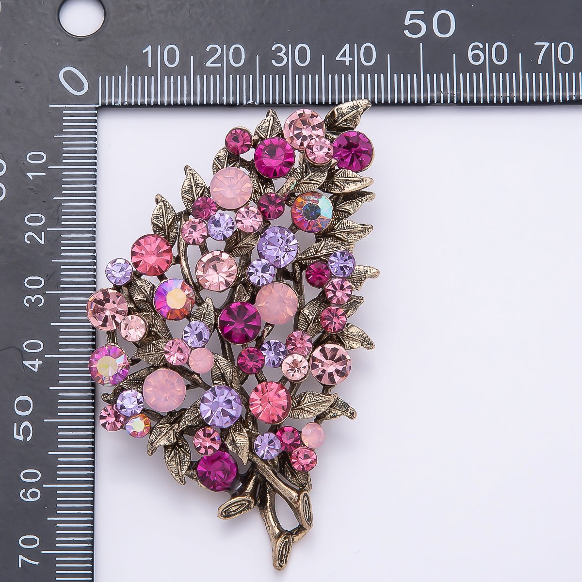 Vintage Gold 72mm x 43mm Green, Pink Rhinestone Flower Leaf Nature Pin Brooch | BH-125 BH-126