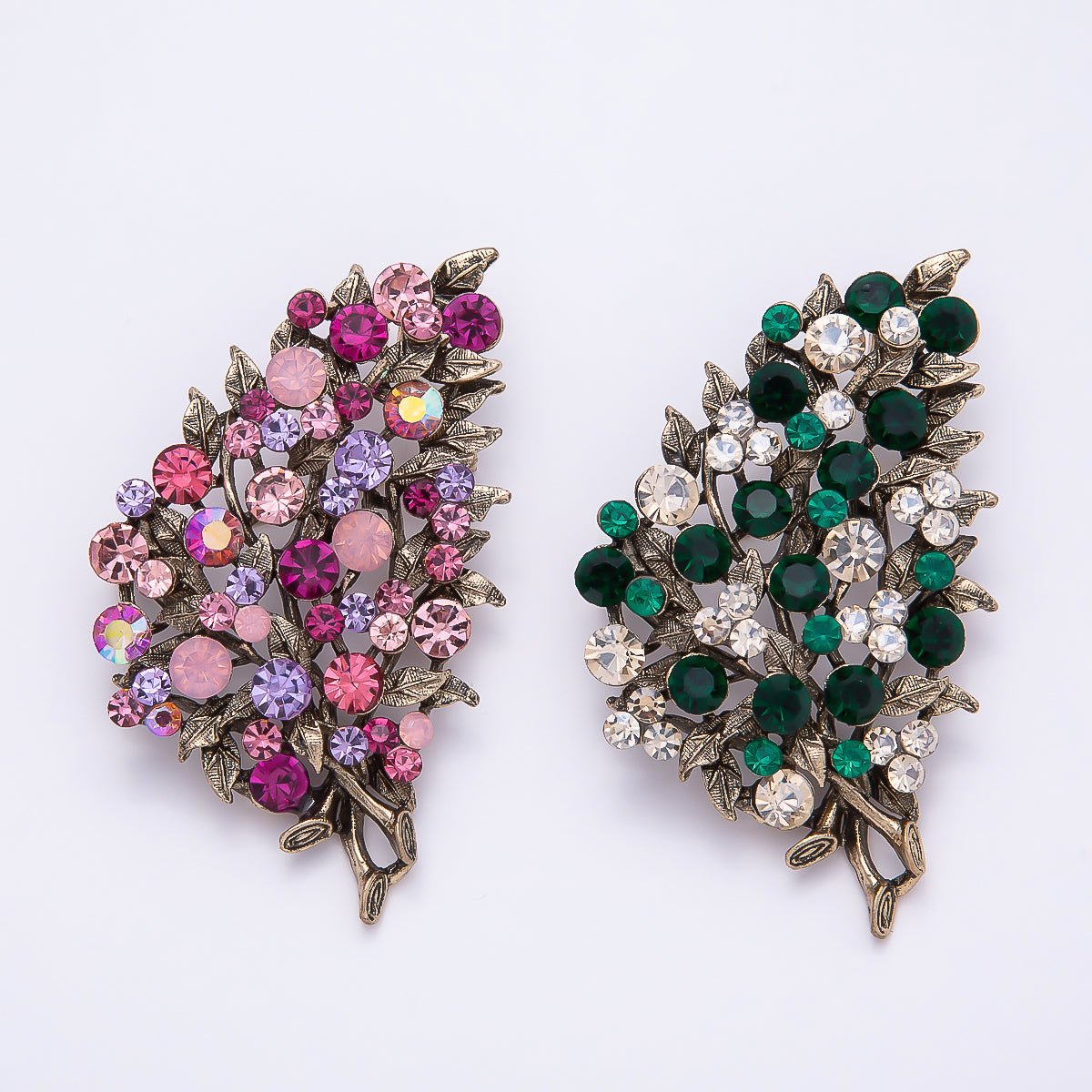 Vintage Gold 72mm x 43mm Green, Pink Rhinestone Flower Leaf Nature Pin Brooch | BH-125 BH-126