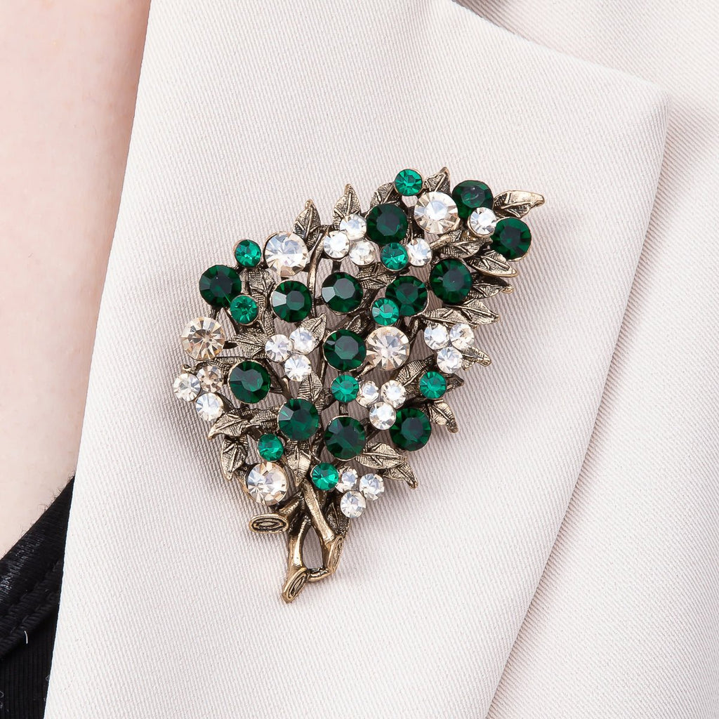 Vintage Gold 72mm x 43mm Green, Pink Rhinestone Flower Leaf Nature Pin Brooch | BH-125 BH-126