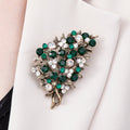 Vintage Gold 72mm x 43mm Green, Pink Rhinestone Flower Leaf Nature Pin Brooch | BH-125 BH-126