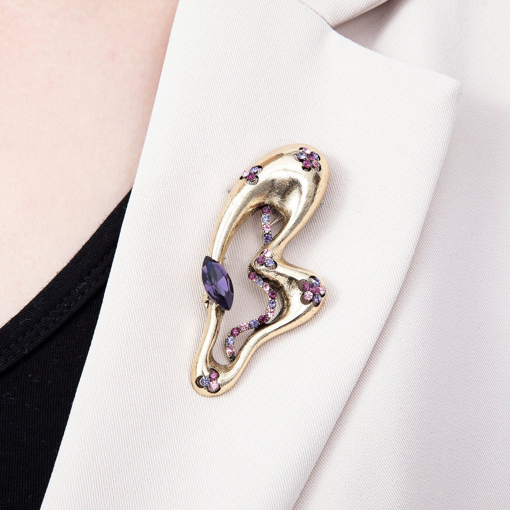 Vintage Gold 73mm Purple Pink Rhinestone Flower Half Wings Butterfly Mariposa Animal Pin Brooch | BH-00164