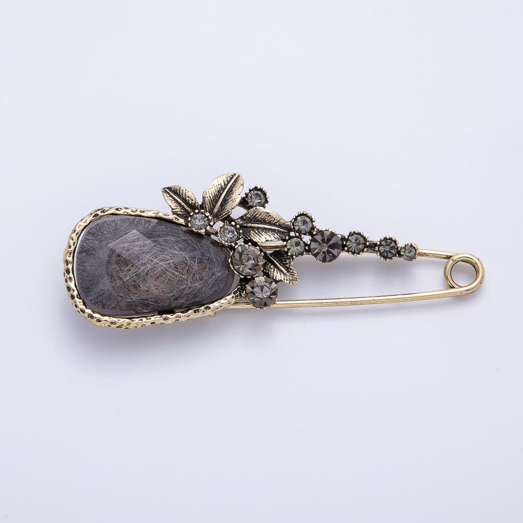 Vintage Gold 82mm x 31mm Dark Rhinestone Flower Safety Pin Brooch | BH-068