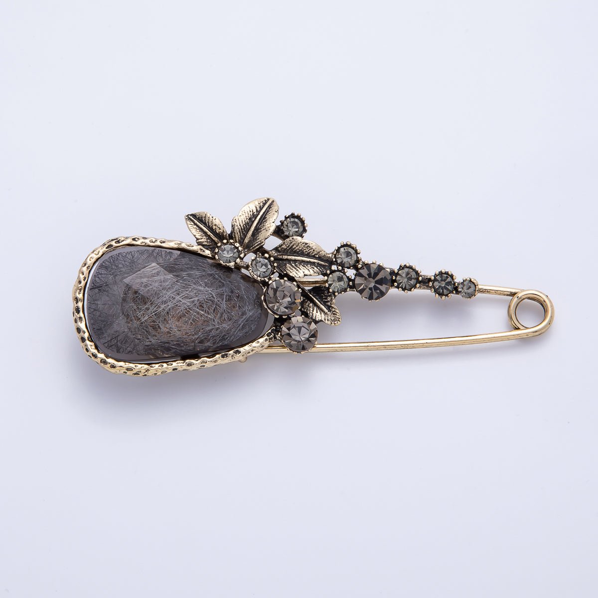 Vintage Gold 82mm x 31mm Dark Rhinestone Flower Safety Pin Brooch | BH-068