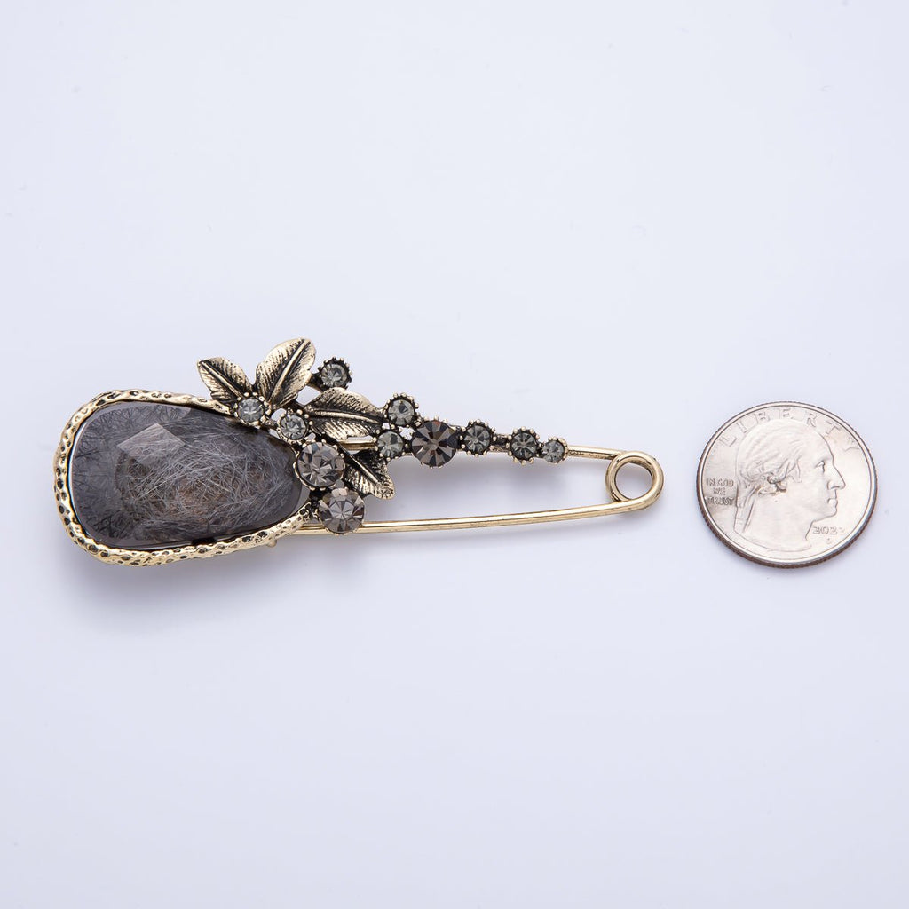 Vintage Gold 82mm x 31mm Dark Rhinestone Flower Safety Pin Brooch | BH-068