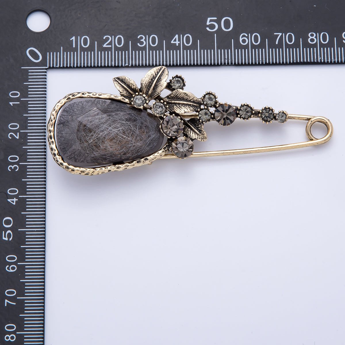 Vintage Gold 82mm x 31mm Dark Rhinestone Flower Safety Pin Brooch | BH-068