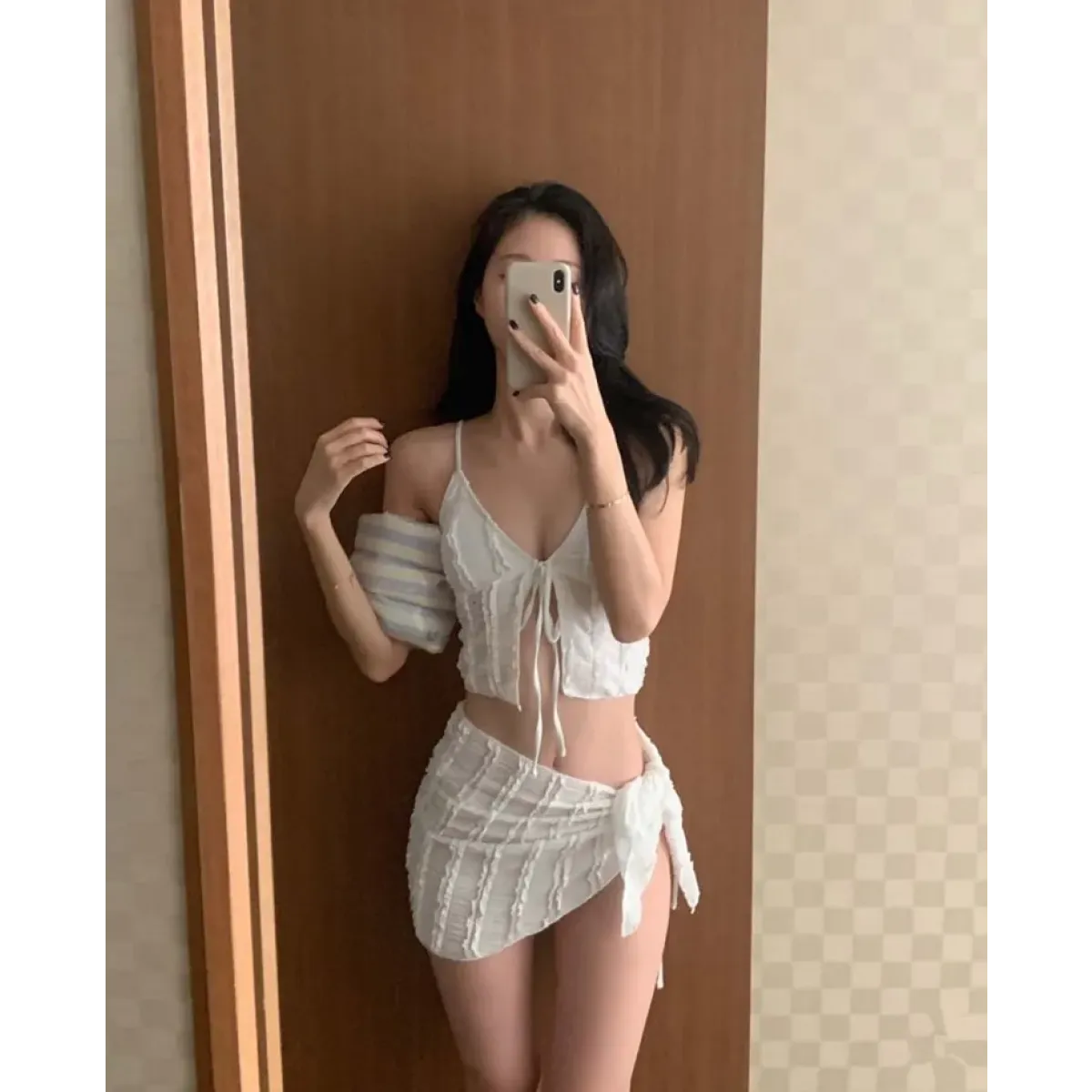 Lavender Low Cut Bikini Set – Halter Lace Up with Wrap Skirt Cover-Up